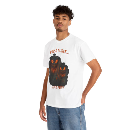 Halloween Pumpkin Tee - "Press Purée... and Pray" Spooky Jack-O'-Lantern T-Shirt