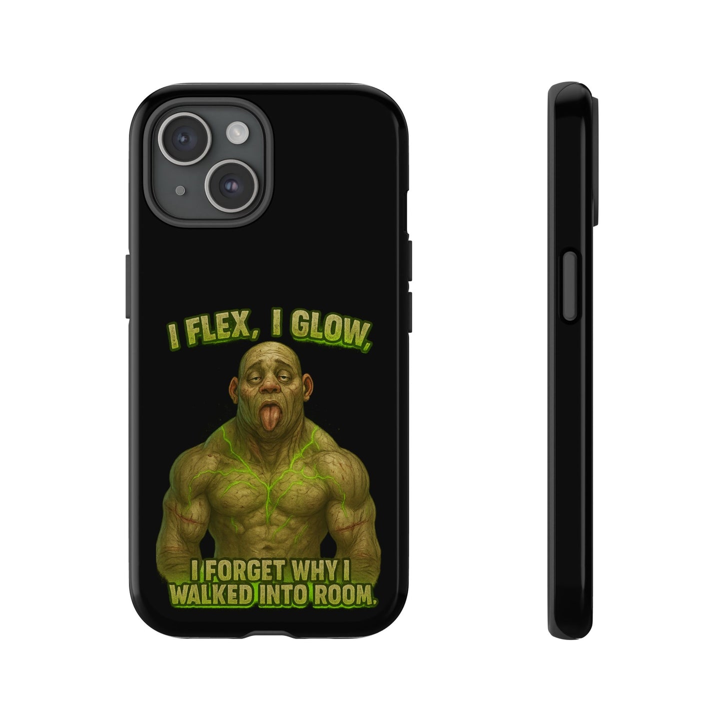 Funny Glow Gym Phone Case — "I Flex, I Glow" Humorous Bodybuilder Design