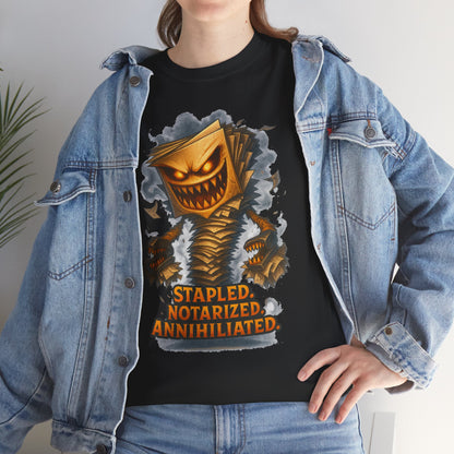 Stapled Notarized Annihilated Tee | Monster Paper Staple Design
