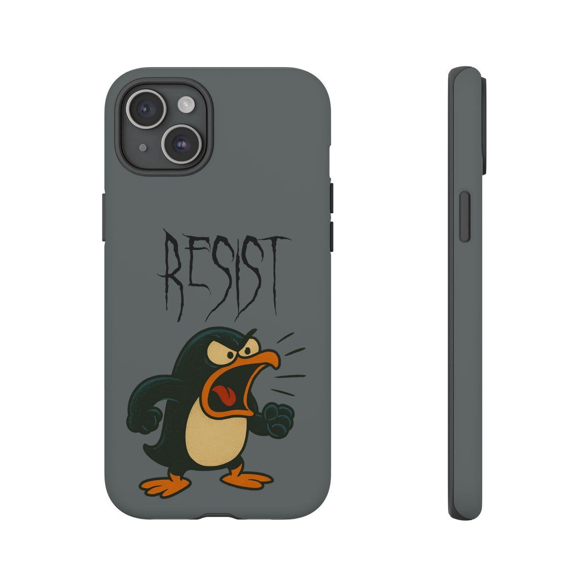 Resist Angry Penguin Phone Case — Protective iPhone Case with Bold Cartoon Design