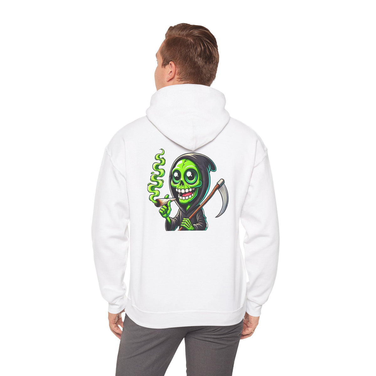 Grinning Green Grim Reaper Hoodie – Neon Smoking Skeleton Graphic Sweatshirt