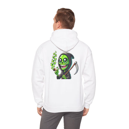 Grinning Green Grim Reaper Hoodie – Neon Smoking Skeleton Graphic Sweatshirt