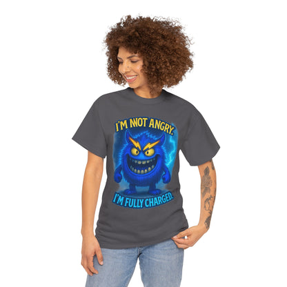 I'm Not Angry I'm Fully Charged Tee, Blue Lightning Monster Graphic