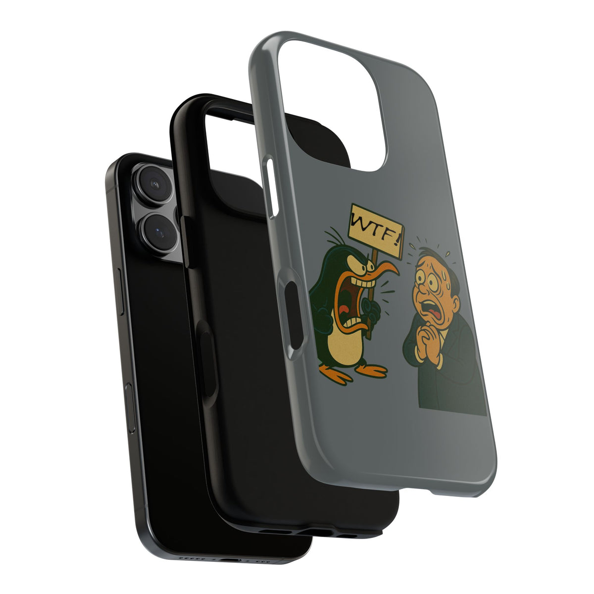 Phone Case - Cartoon Penguin Yelling 'WTF' at Shocked Man, Funny Protective iPhone Cover
