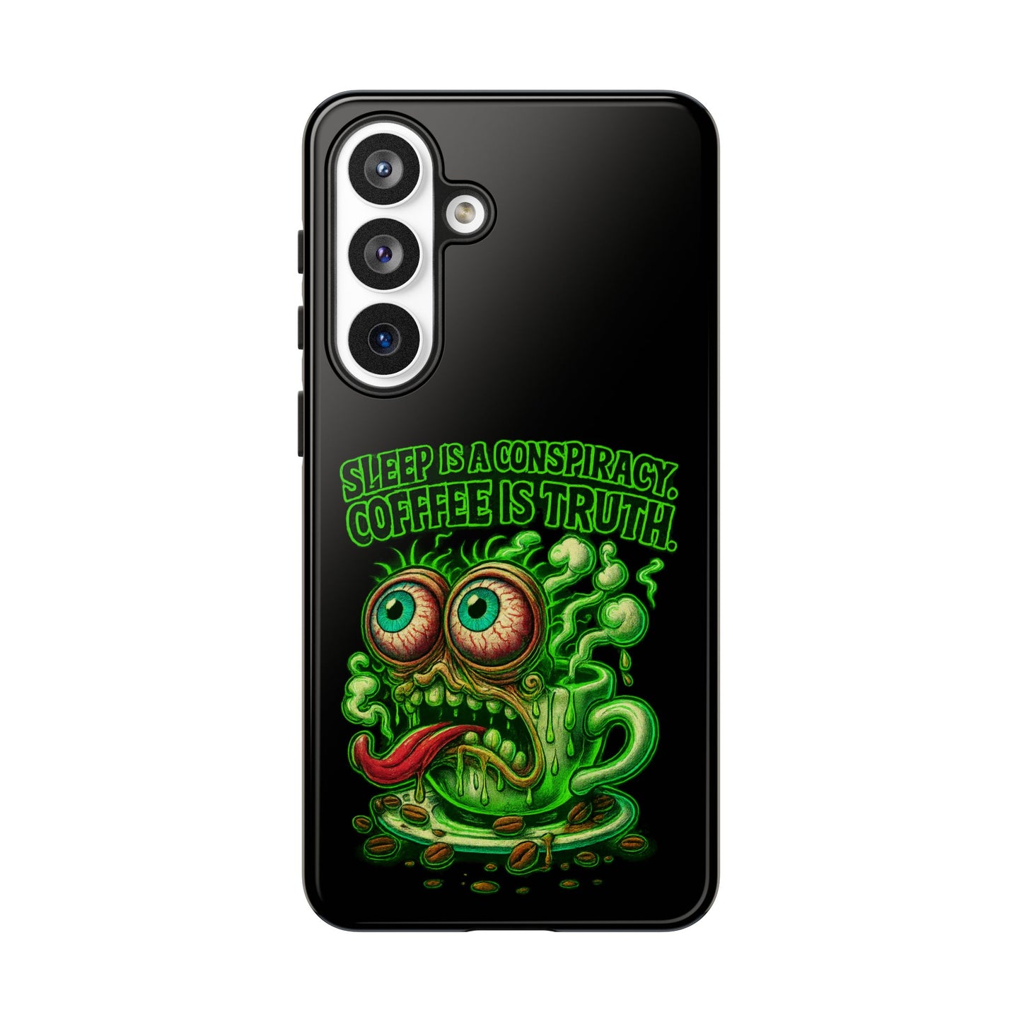 Phone Case — “Sleep Is a Conspiracy, Coffee Is Truth” Retro Monster Design