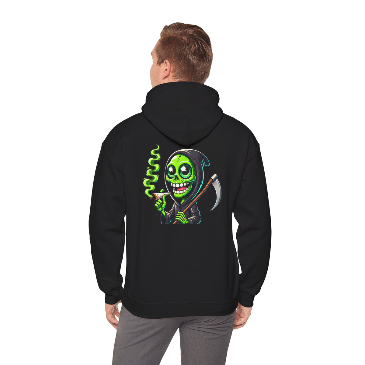 Grinning Green Grim Reaper Hoodie – Neon Smoking Skeleton Graphic Sweatshirt