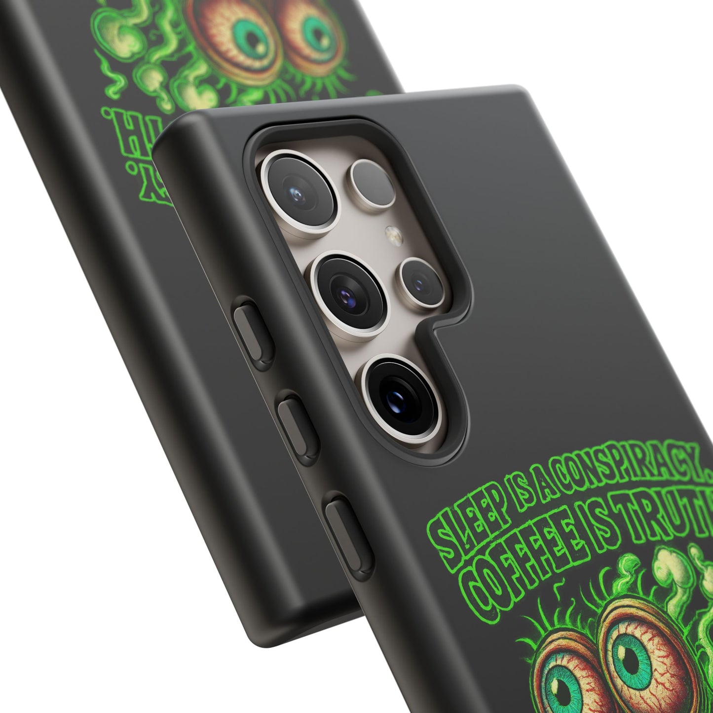 Phone Case — “Sleep Is a Conspiracy, Coffee Is Truth” Retro Monster Design