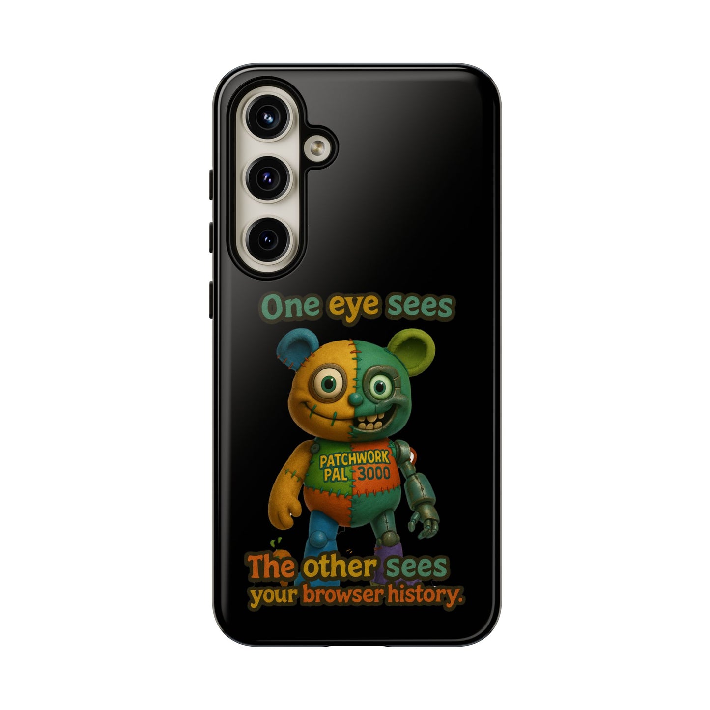 Phone Case — 'One Eye Sees, The Other Sees Your Browser History' Patchwork Bear Design
