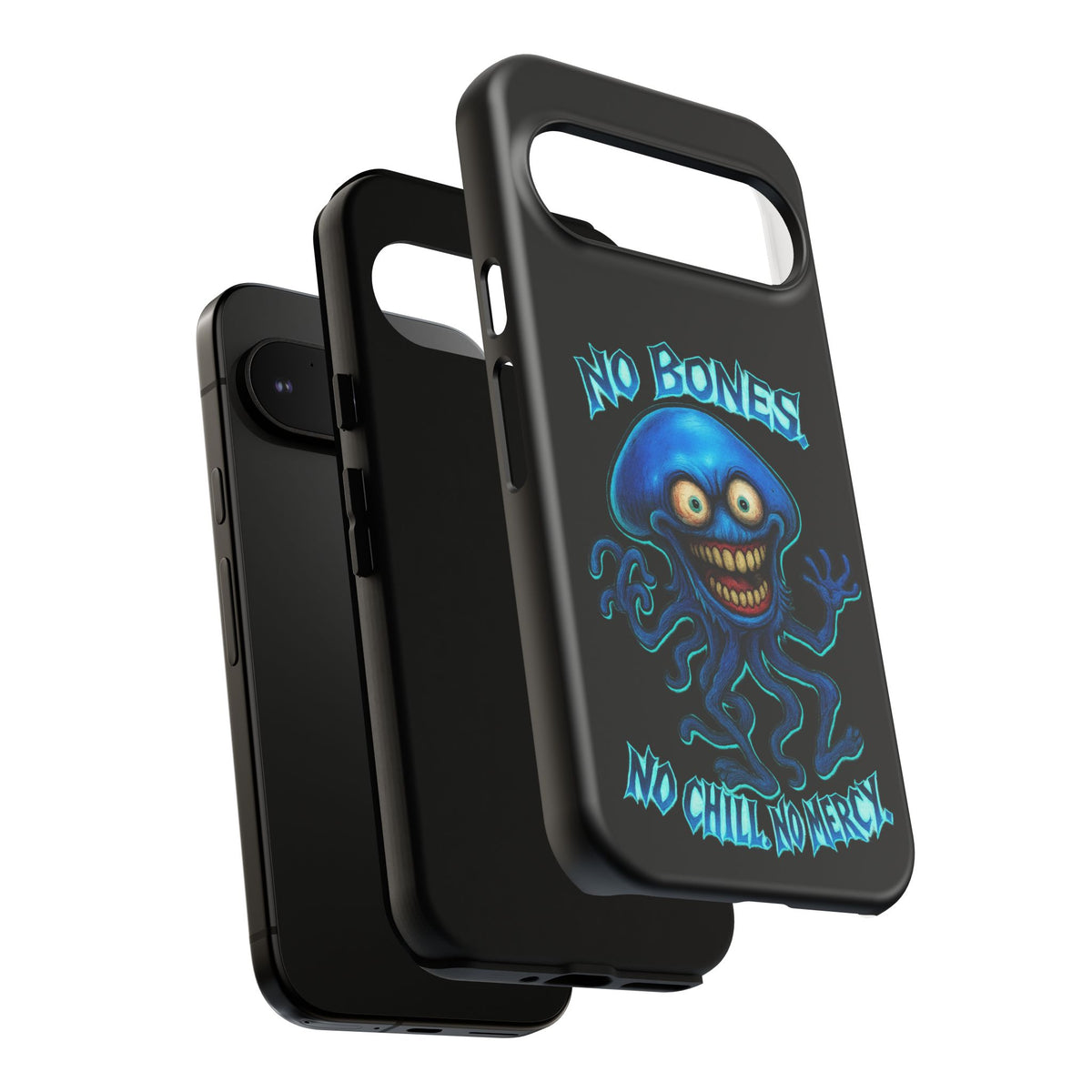 Phone Case — 'No Bones, No Chill, No Mercy' Blue Jellyfish Horror Design