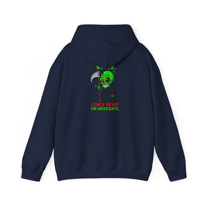 Grim Reaper Cartoon Hoodie — "I Only Read on Weekdays" Graphic Pullover