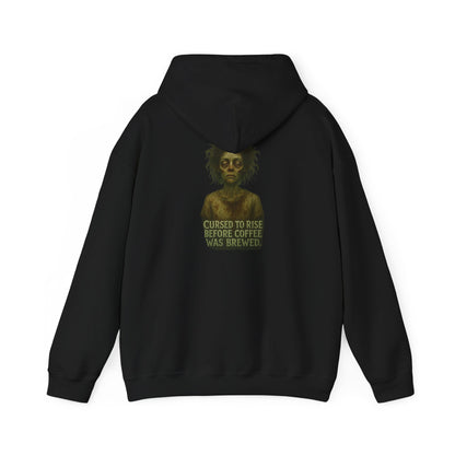 Hoodie — "Cursed to Rise Before Coffee Was Brewed" Goth Coffee Graphic Hooded Sweatshirt