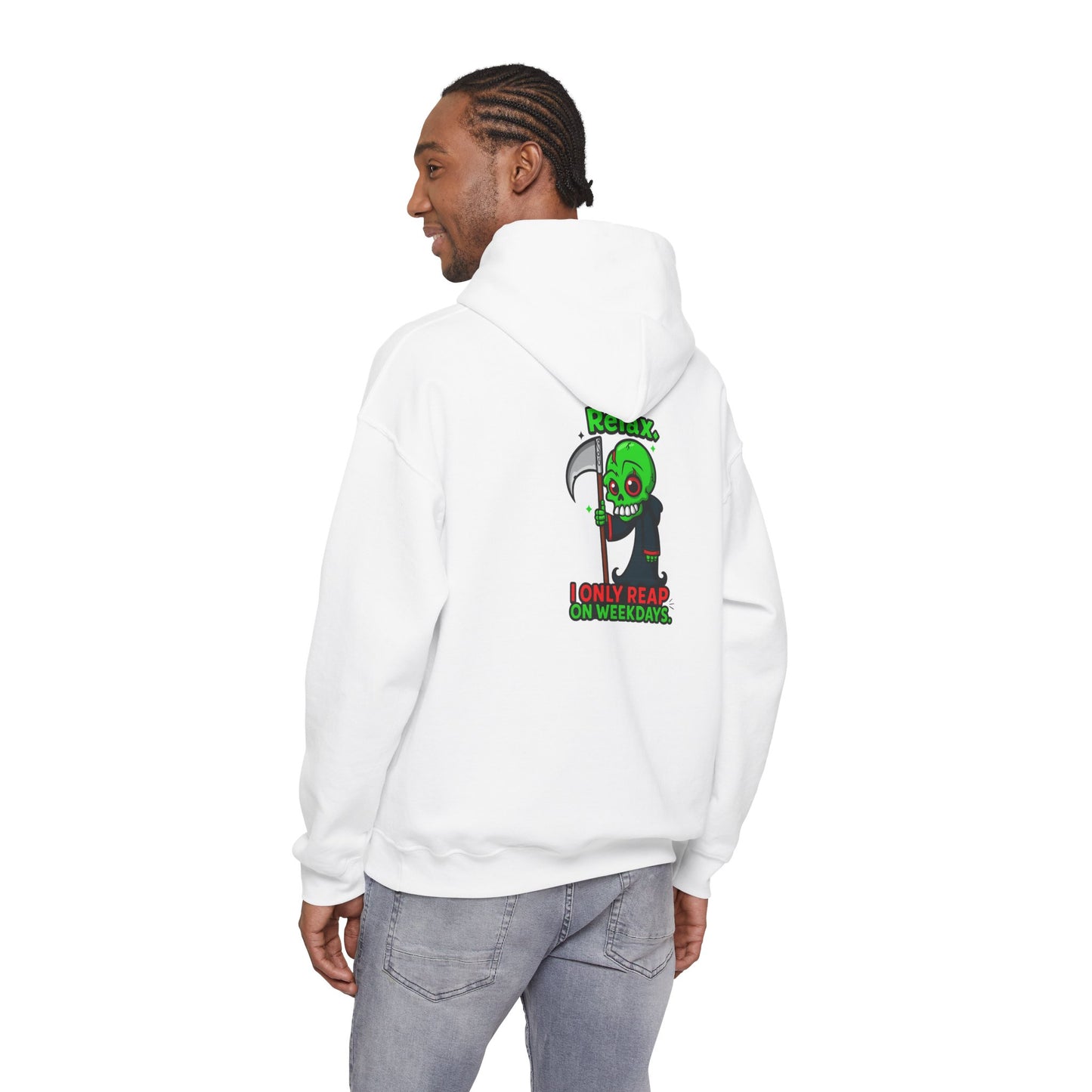 Grim Reaper Cartoon Hoodie — "I Only Read on Weekdays" Graphic Pullover