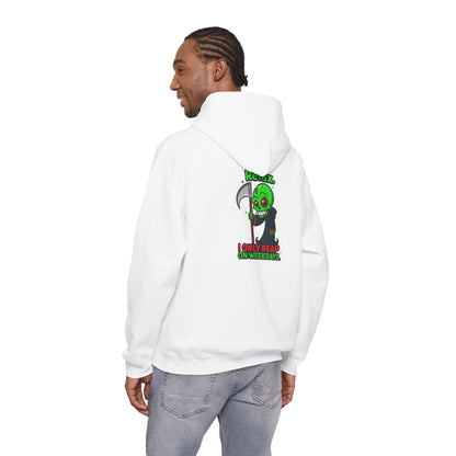 Grim Reaper Cartoon Hoodie — "I Only Read on Weekdays" Graphic Pullover