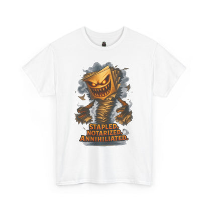 Stapled Notarized Annihilated Tee | Monster Paper Staple Design