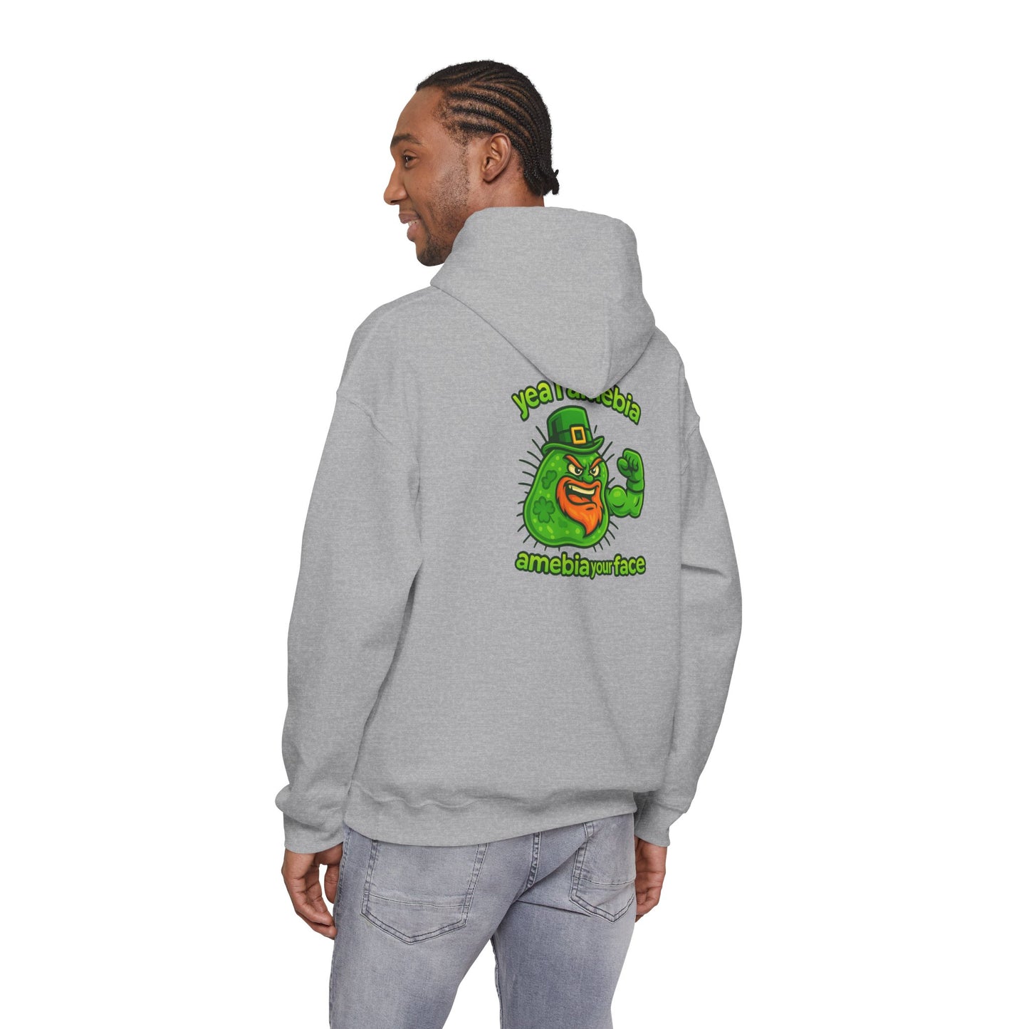 Amebiavirus St. Patrick's Day Hoodie — Funny Green Germ Mascot with 'yea bia amebiavirusface' Text