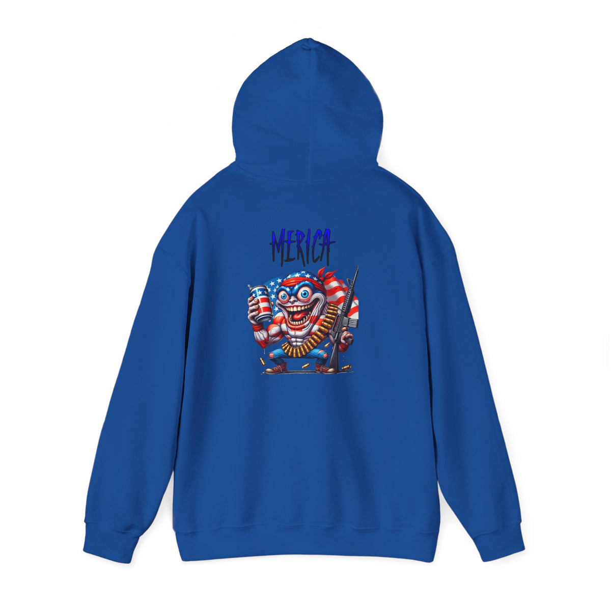 Patriotic Retro Hoodie — American Flag Skull Character Back Graphic