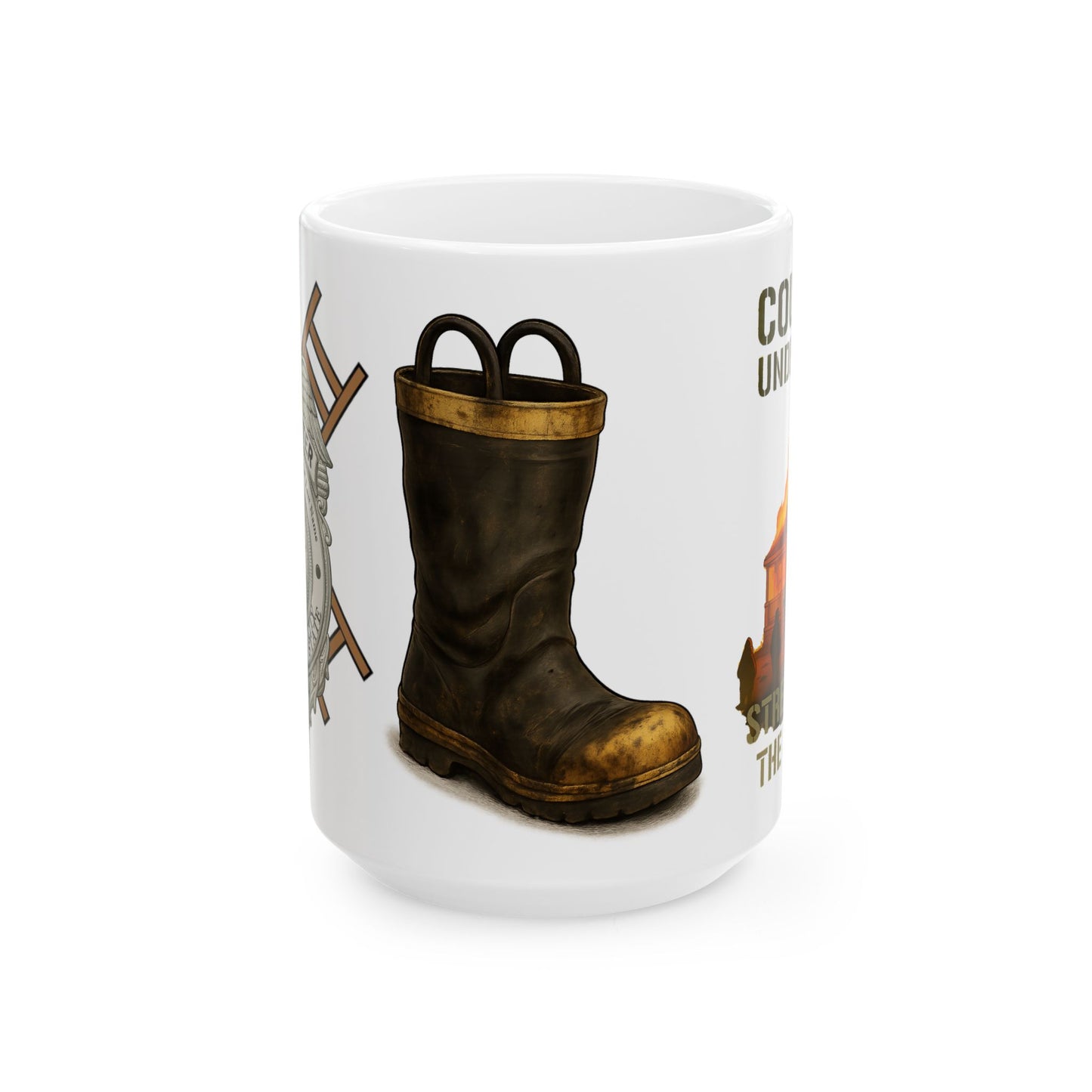 Courage Under Fire – Strength in the Smoke Firefighter Mug