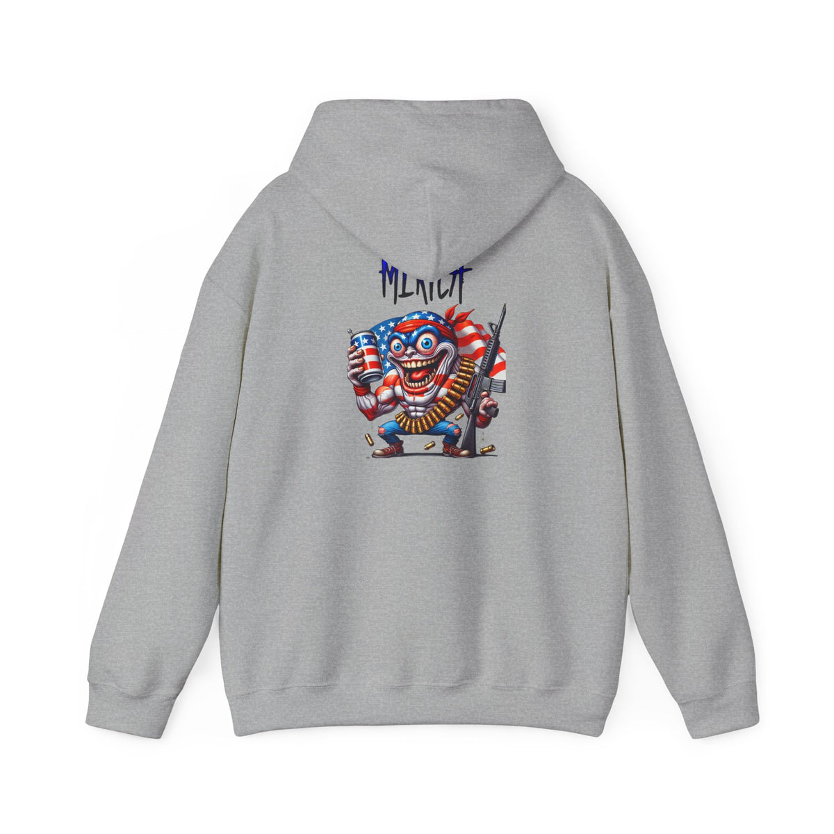 Patriotic Retro Hoodie — American Flag Skull Character Back Graphic