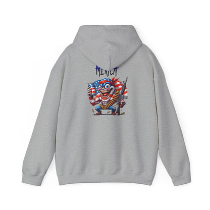 Patriotic Retro Hoodie — American Flag Skull Character Back Graphic