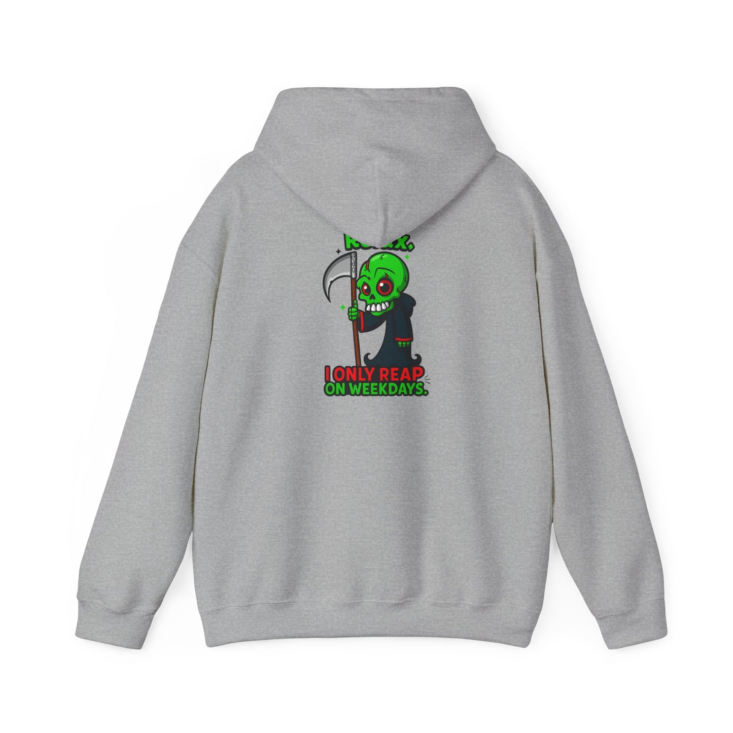 Grim Reaper Cartoon Hoodie — "I Only Read on Weekdays" Graphic Pullover
