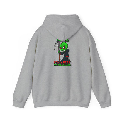 Grim Reaper Cartoon Hoodie — "I Only Read on Weekdays" Graphic Pullover
