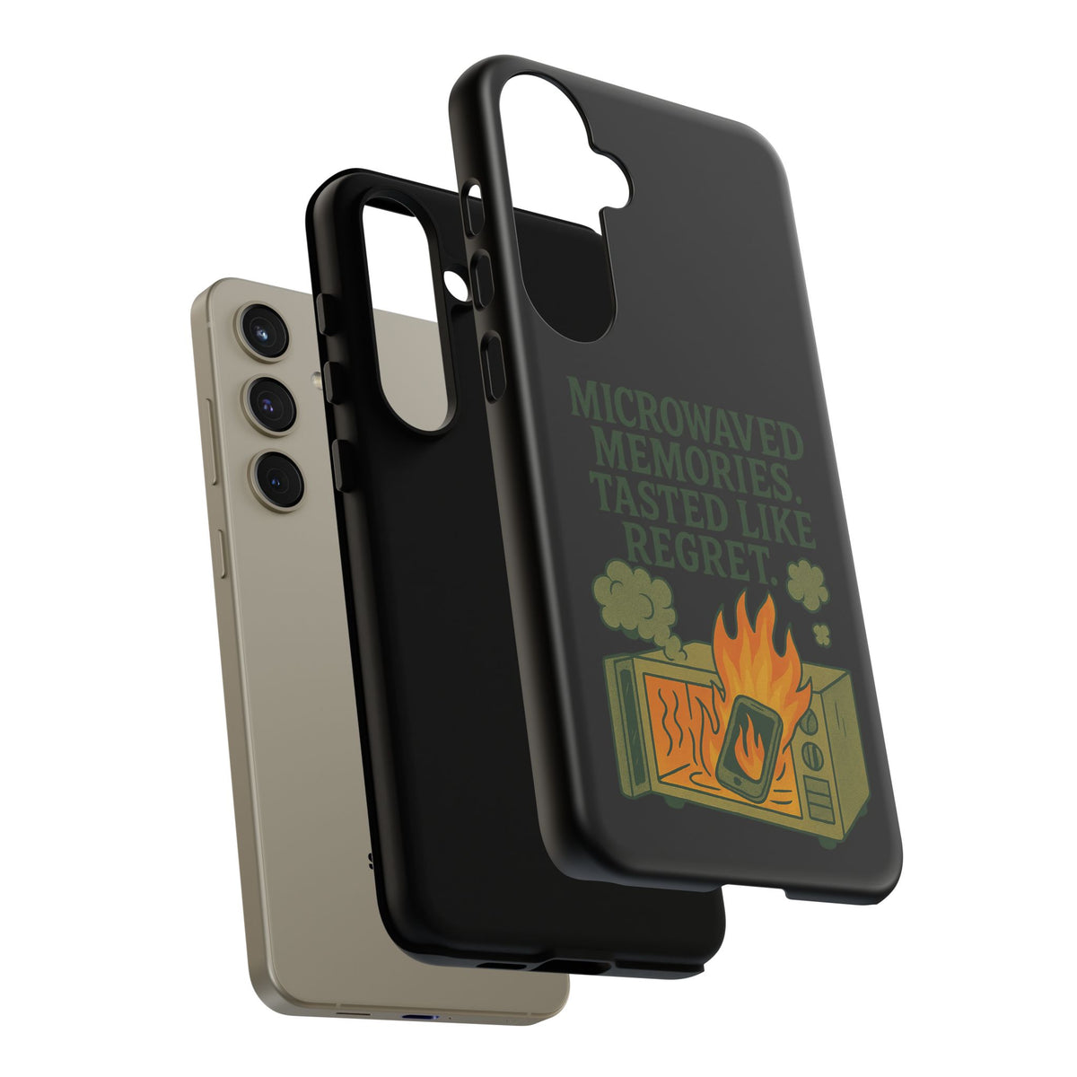 Microwaved Memories Phone Case — 'Microwaved Memories. Tasted Like Regret.' Retro Fire Design