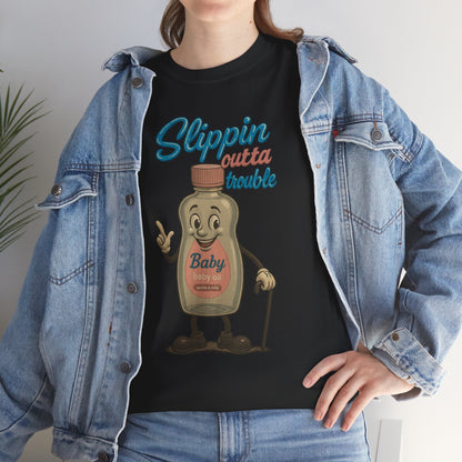 Slippin' Outta Trouble – Funny Baby Oil Cartoon T-Shirt