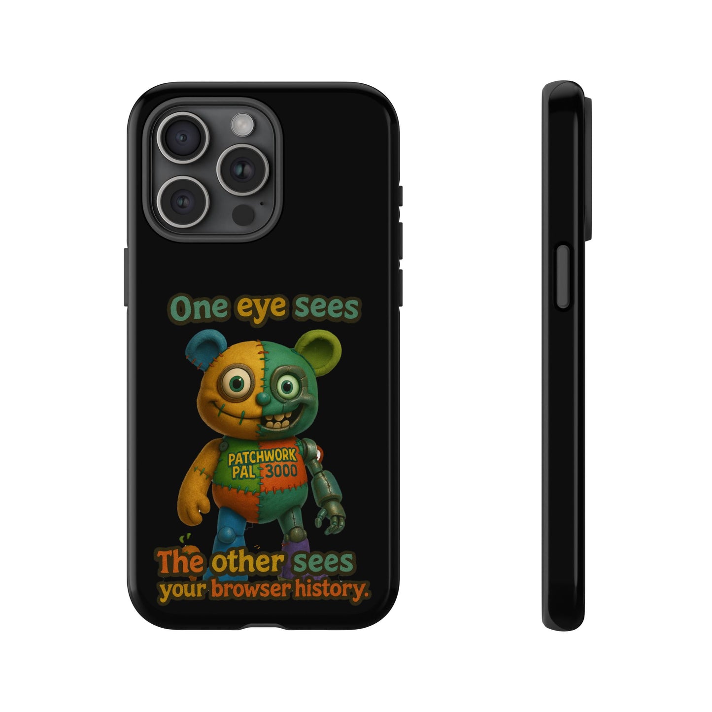 Phone Case — 'One Eye Sees, The Other Sees Your Browser History' Patchwork Bear Design