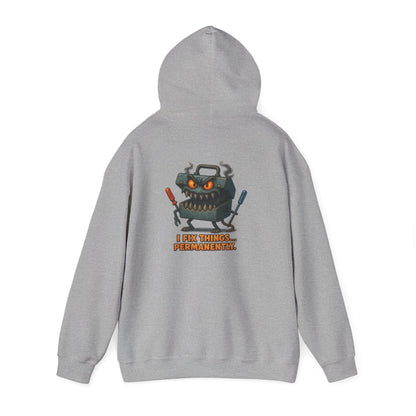 Robot Mechanic Hoodie — "I Fix Things... Permanently" Graphic Hooded Sweatshirt