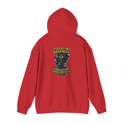 Darkness Stirred Hoodie — Vintage Cat Illustration "Poured in Darkness, Stirred in Chaos, Served with Style"