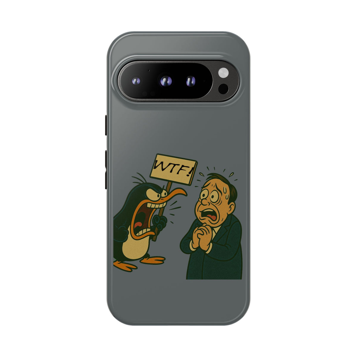 Phone Case - Cartoon Penguin Yelling 'WTF' at Shocked Man, Funny Protective iPhone Cover