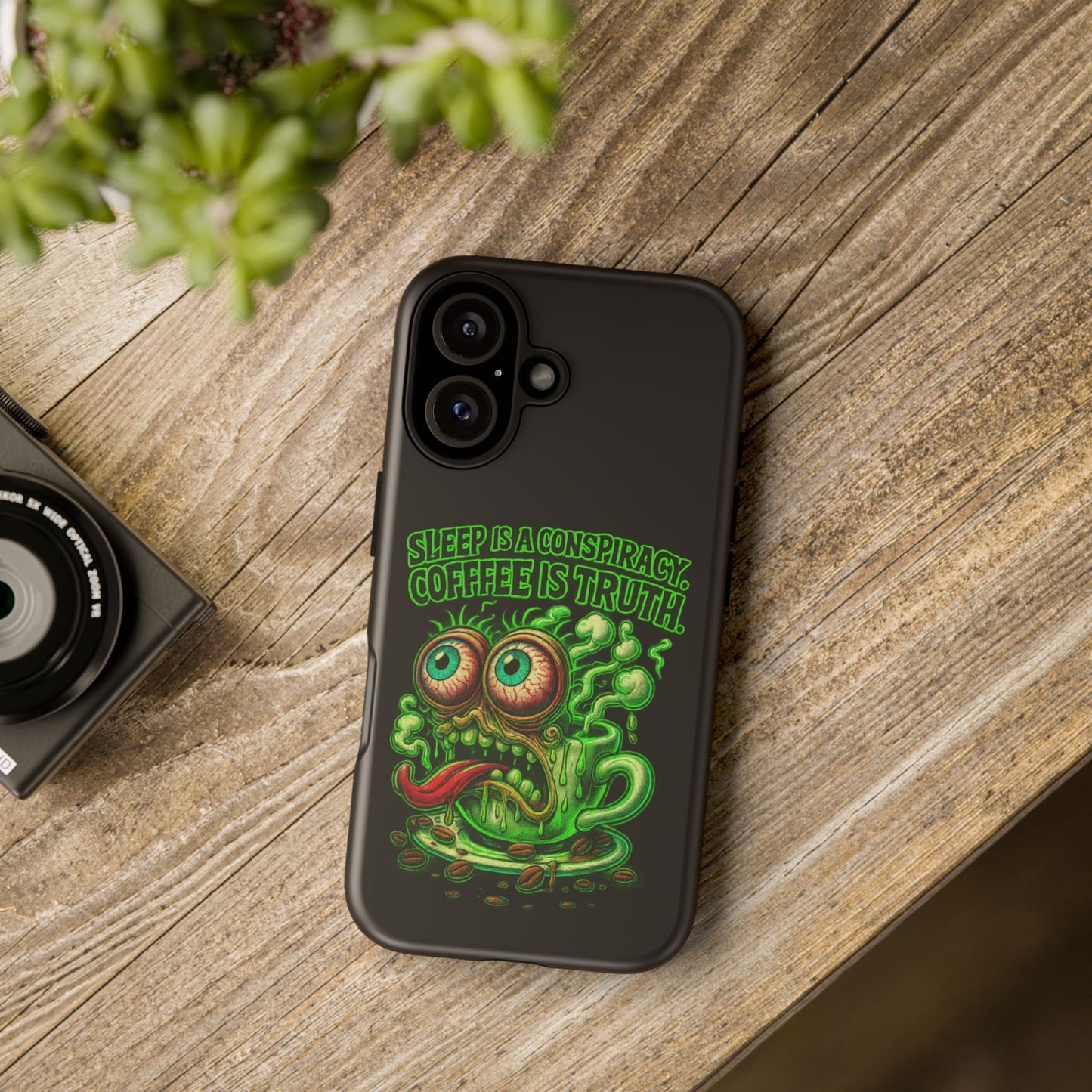 Phone Case — “Sleep Is a Conspiracy, Coffee Is Truth” Retro Monster Design