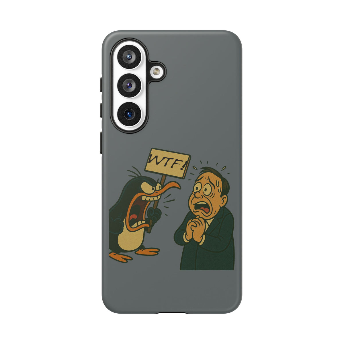 Phone Case - Cartoon Penguin Yelling 'WTF' at Shocked Man, Funny Protective iPhone Cover
