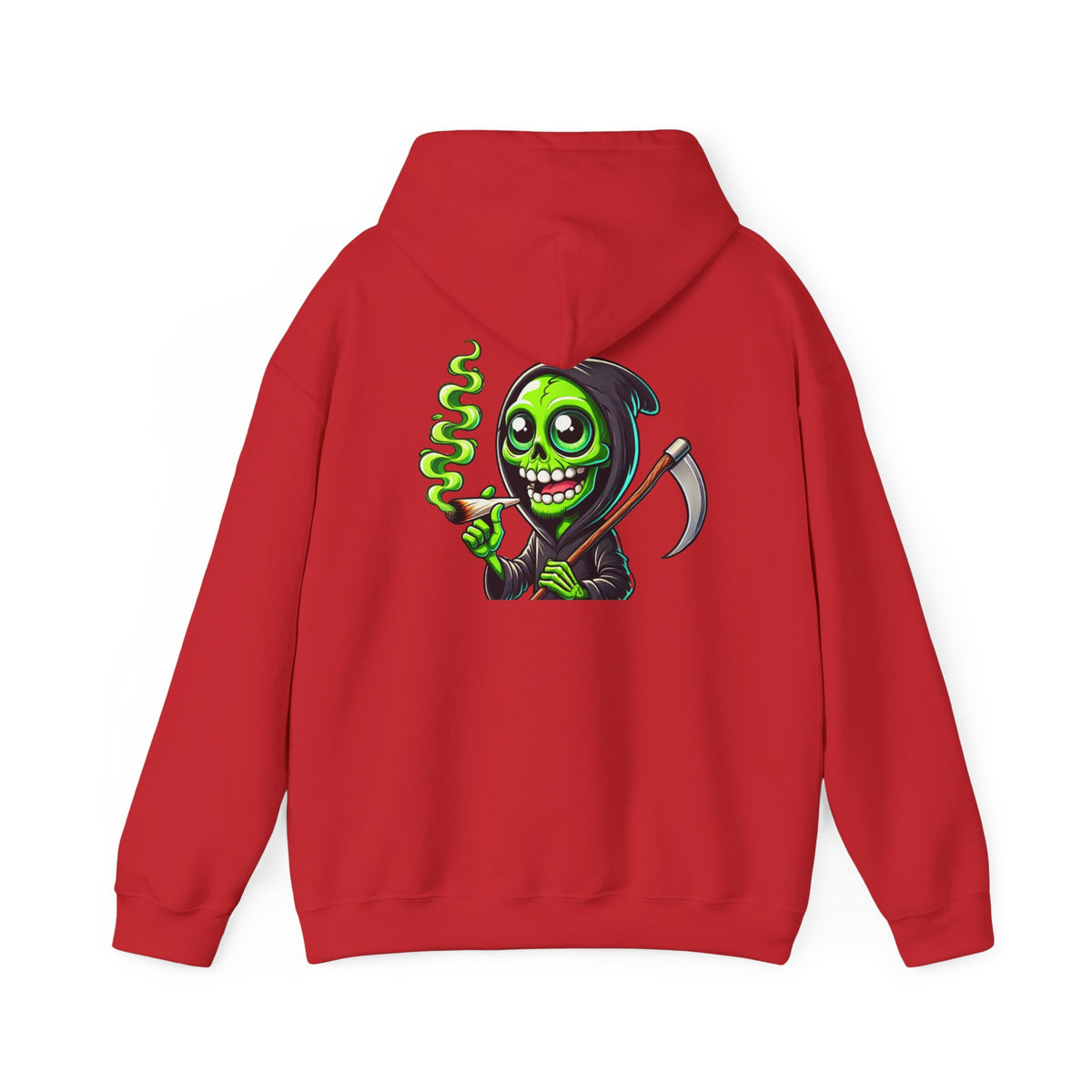 Grinning Green Grim Reaper Hoodie – Neon Smoking Skeleton Graphic Sweatshirt