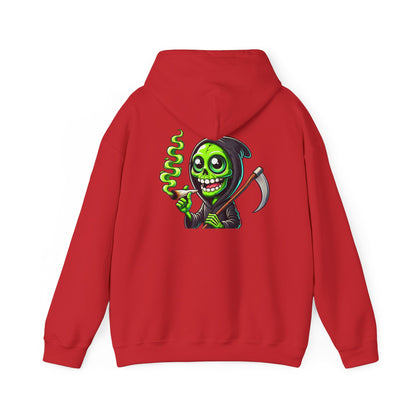 Grinning Green Grim Reaper Hoodie – Neon Smoking Skeleton Graphic Sweatshirt
