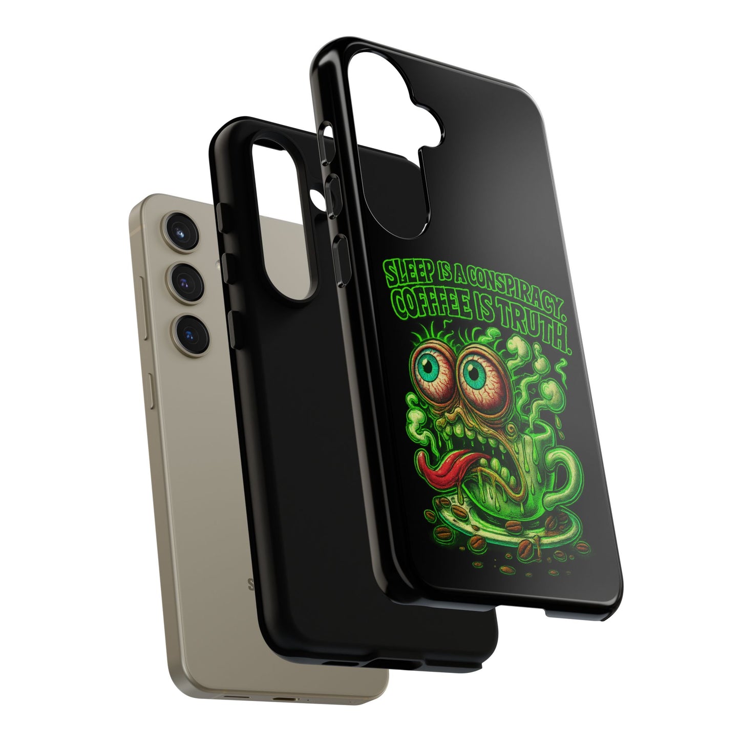 Phone Case — “Sleep Is a Conspiracy, Coffee Is Truth” Retro Monster Design