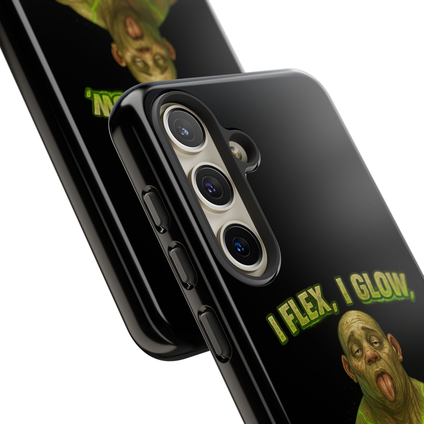 Funny Glow Gym Phone Case — "I Flex, I Glow" Humorous Bodybuilder Design