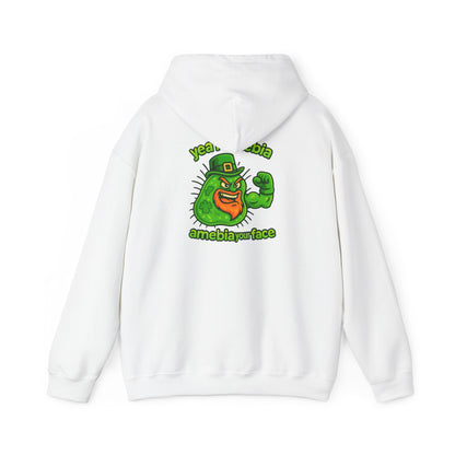 Amebiavirus St. Patrick's Day Hoodie — Funny Green Germ Mascot with 'yea bia amebiavirusface' Text