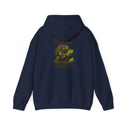 Hoodie — 'Hunger Is Eternal, Your Fingers Are Optional' Turtle Back-Print Hoodie