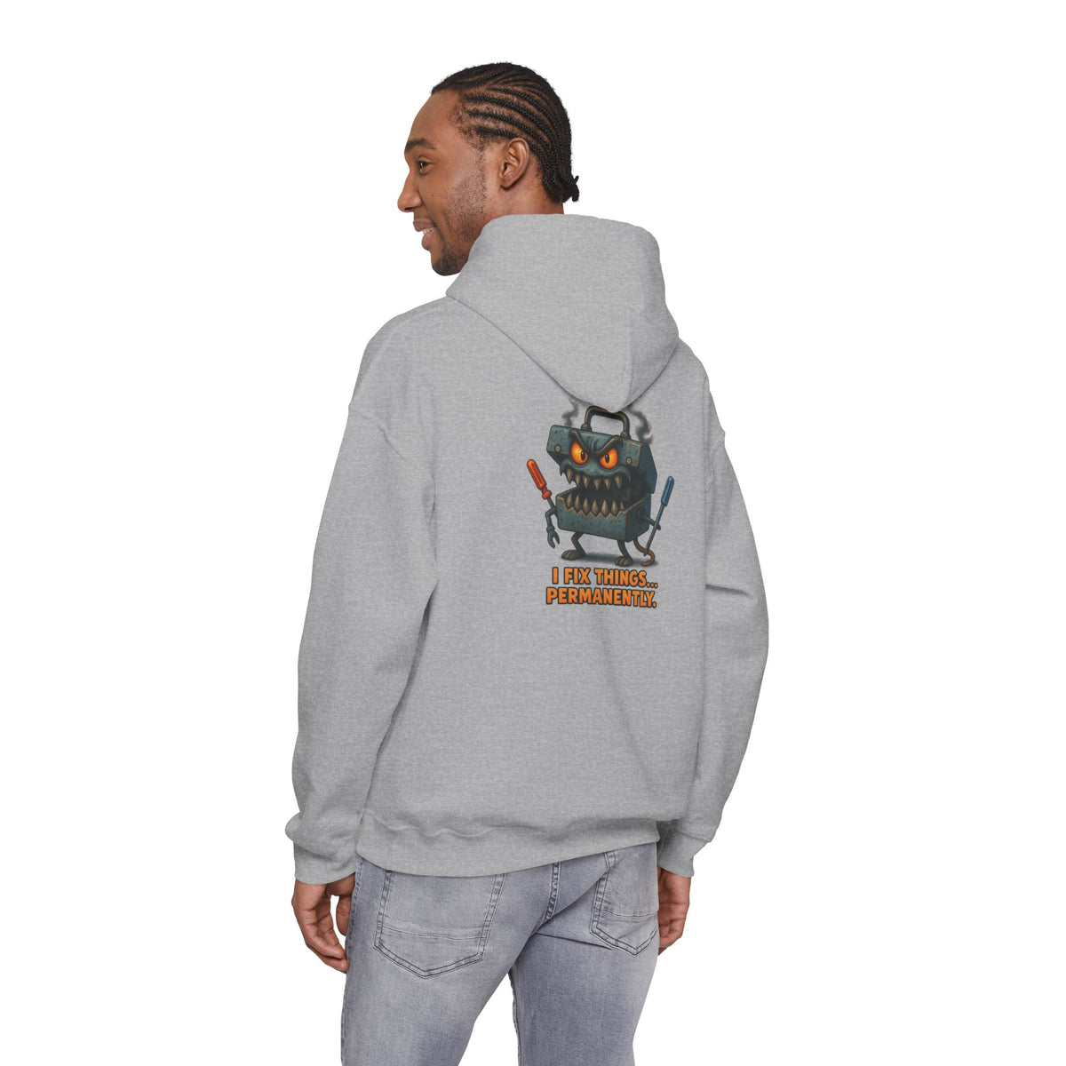Robot Mechanic Hoodie — "I Fix Things... Permanently" Graphic Hooded Sweatshirt