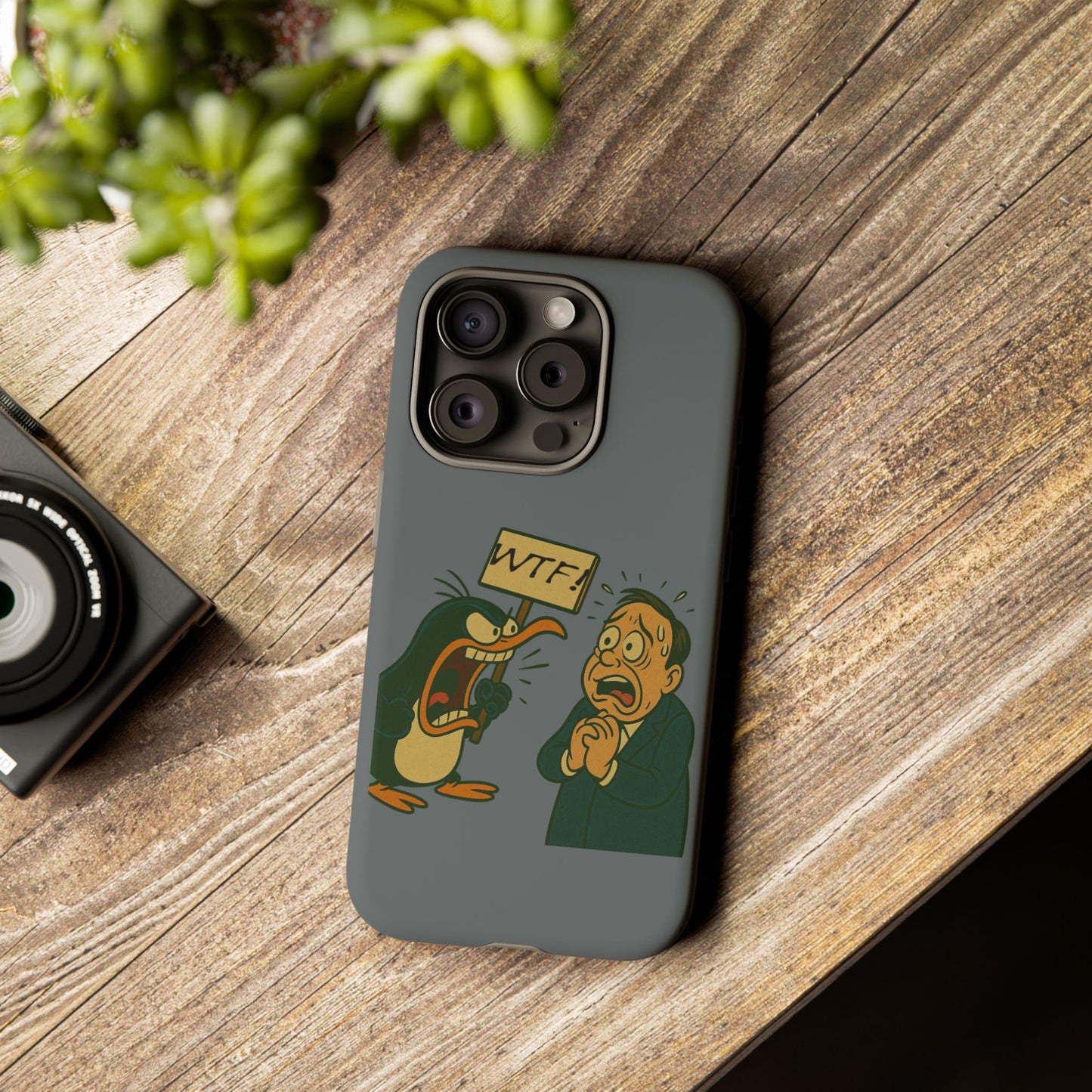 Phone Case - Cartoon Penguin Yelling 'WTF' at Shocked Man, Funny Protective iPhone Cover