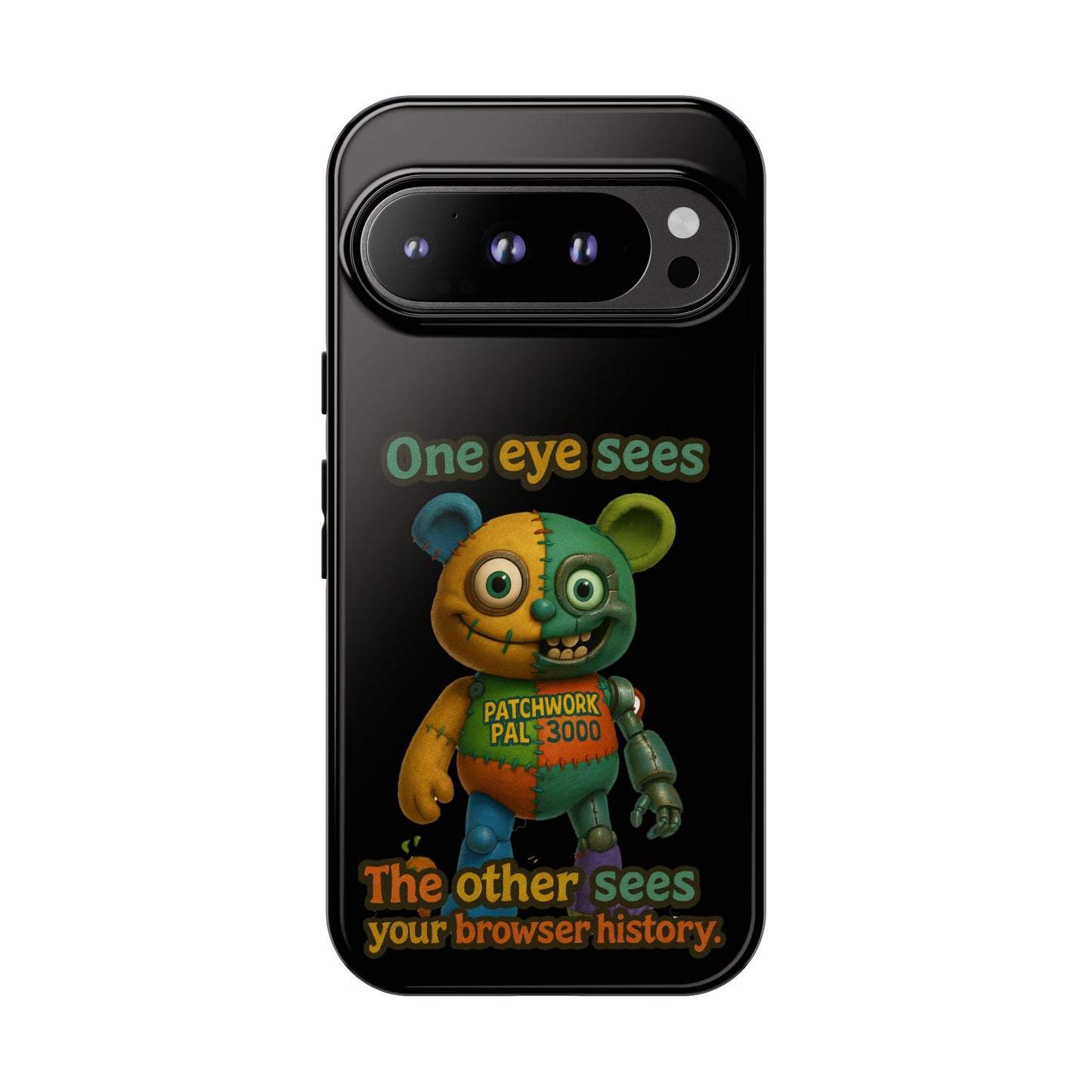 Phone Case — 'One Eye Sees, The Other Sees Your Browser History' Patchwork Bear Design