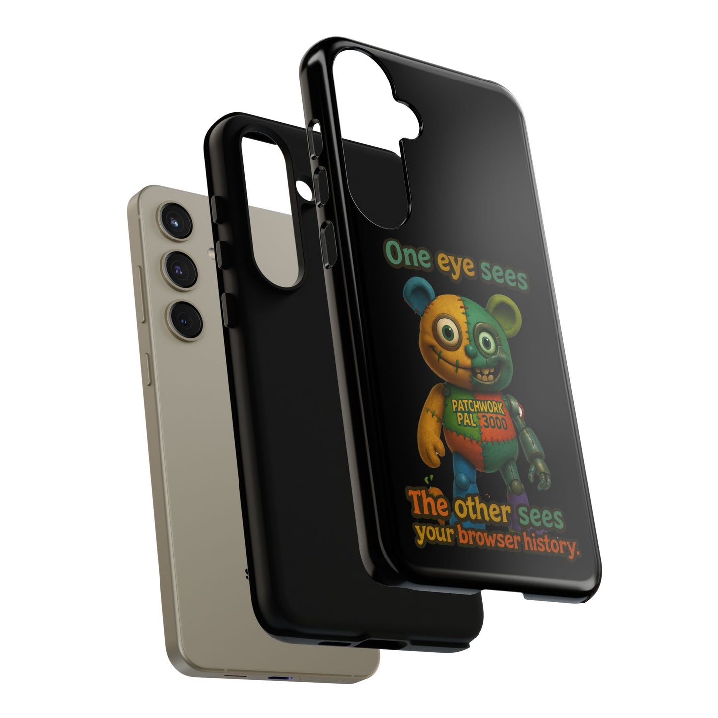 Phone Case — 'One Eye Sees, The Other Sees Your Browser History' Patchwork Bear Design