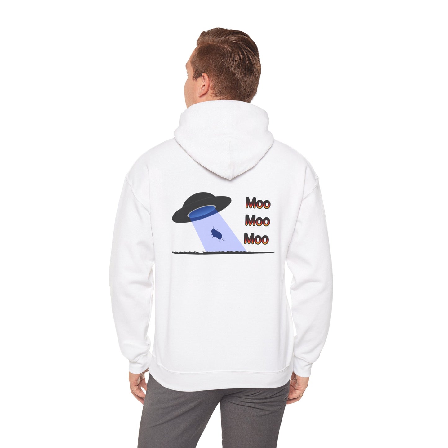 UFO Cow Abduction Hoodie - 'Moo Moo Moo' Graphic Hooded Sweatshirt