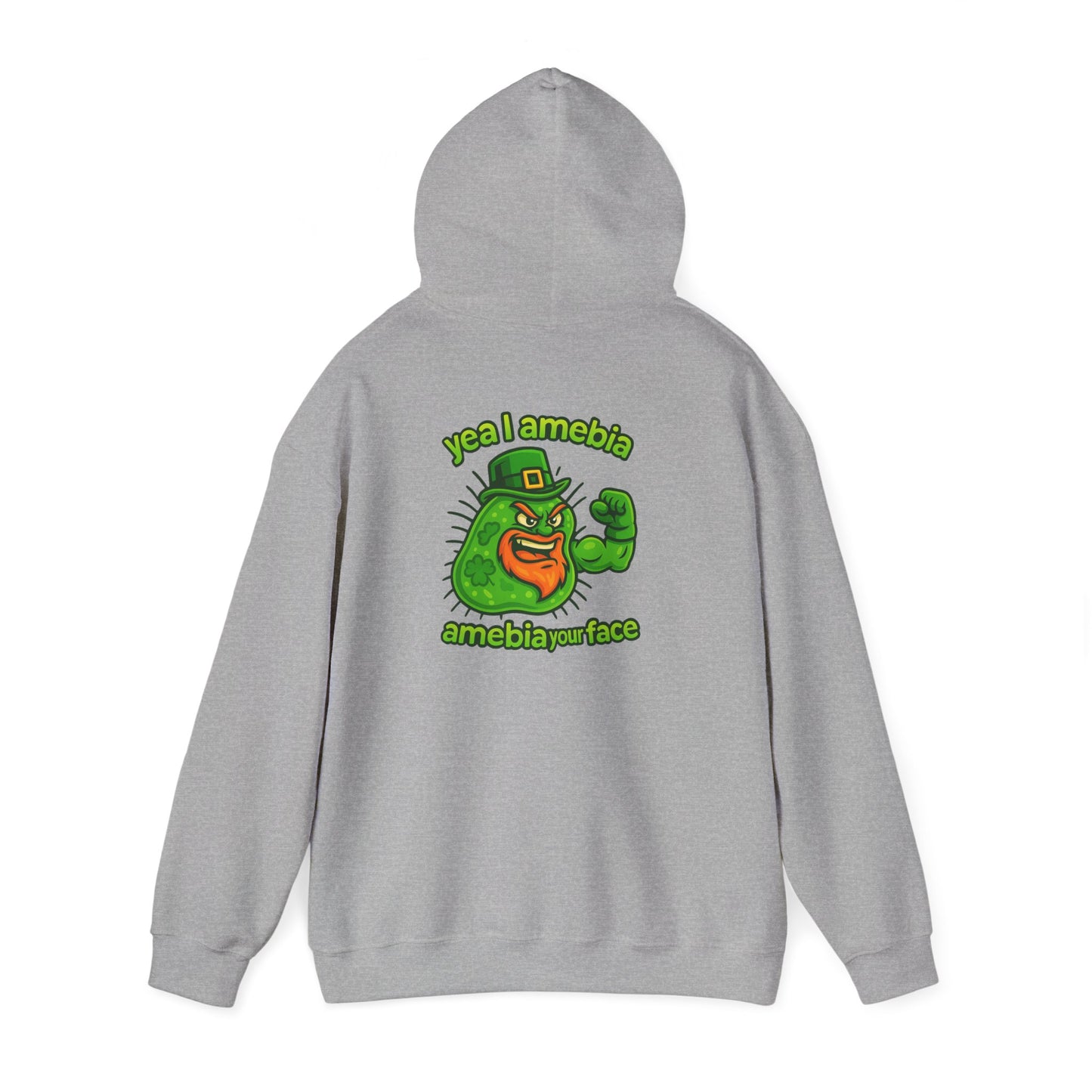 Amebiavirus St. Patrick's Day Hoodie — Funny Green Germ Mascot with 'yea bia amebiavirusface' Text