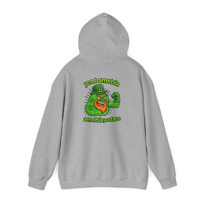 Amebiavirus St. Patrick's Day Hoodie — Funny Green Germ Mascot with 'yea bia amebiavirusface' Text