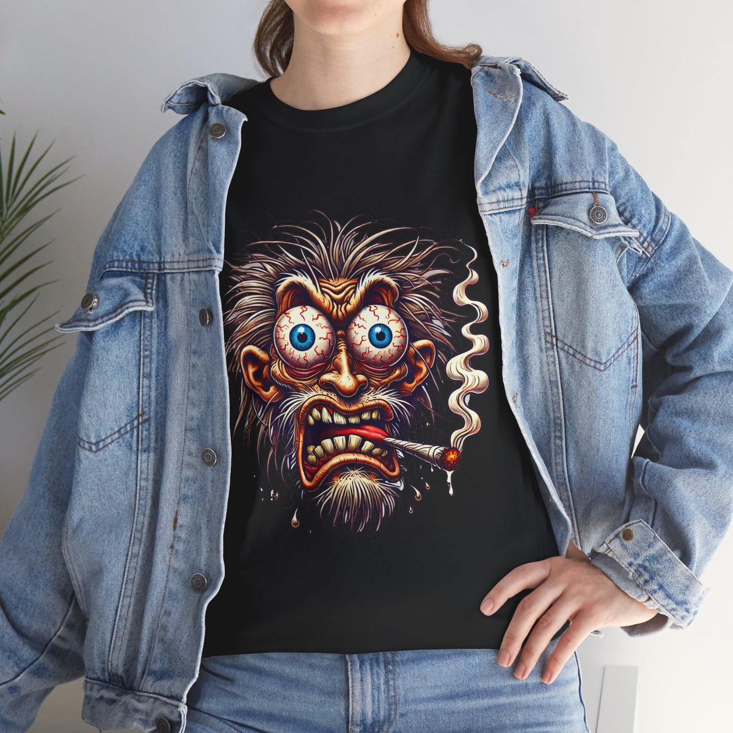 Graphic Tee — Wild-eyed Grinning Monster Head Smoking Cigarette Shirt