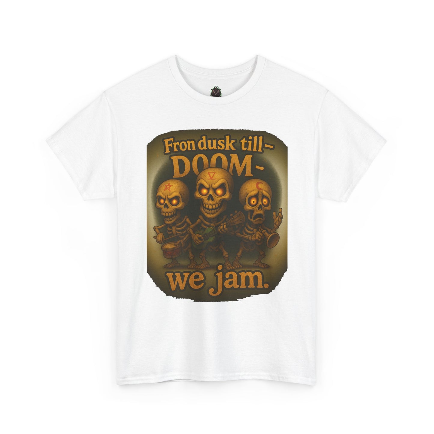 T-Shirt — "From Dusk Till Doom We Jam" Skull Band Graphic Tee