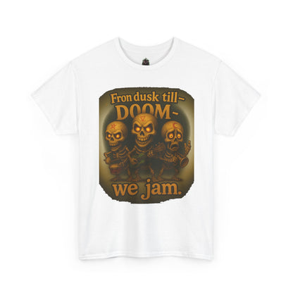 T-Shirt — "From Dusk Till Doom We Jam" Skull Band Graphic Tee