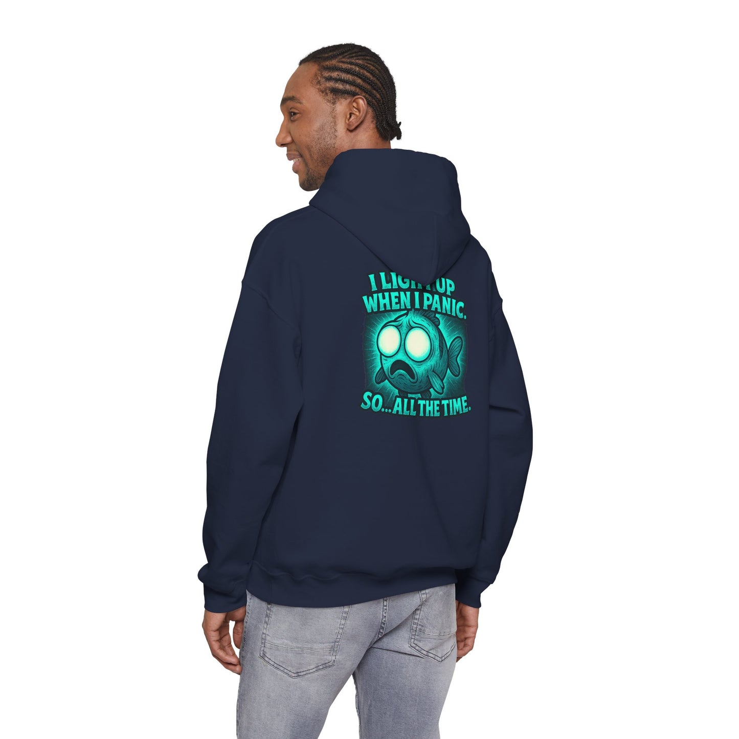 Panic Fish Hoodie — "I Lean Up When I Panic...So All The Time" Graphic Pullover